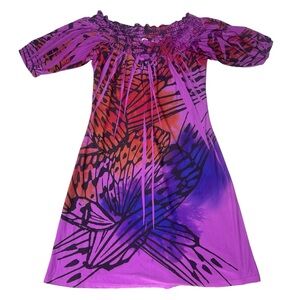Fave Off Shoulder‎ Butterfly Wing Midi Dress Womens Med Purple Red Pink Artsy